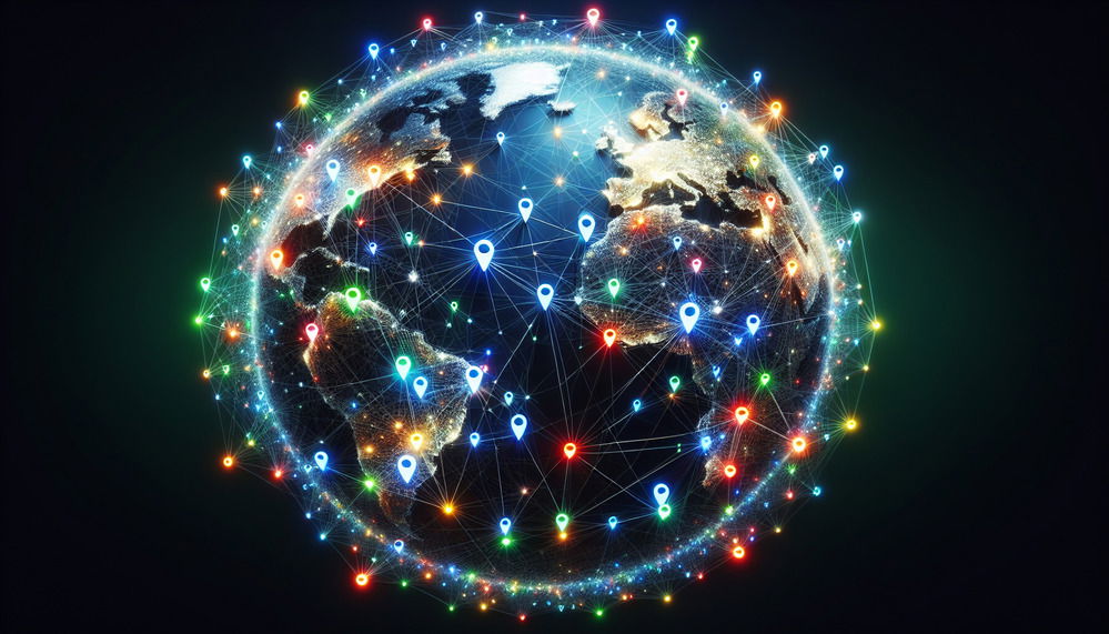 World map with pins for multiple locations
