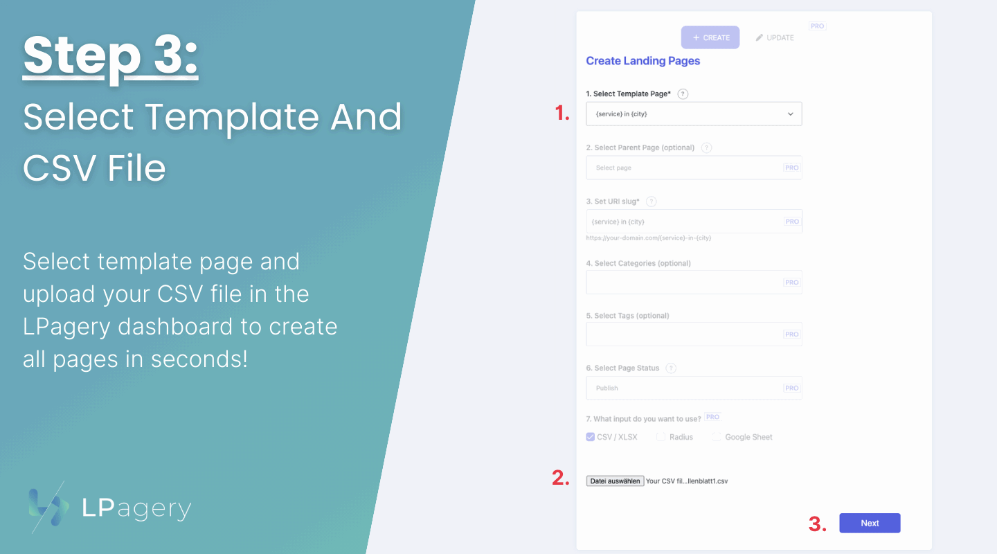 Selecting Template Page and CSV File inside LPagery